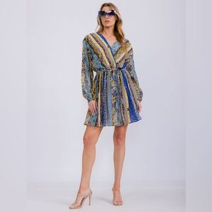 NWT Easel LONG SLEEVE SURPLICE ELASTIC WAIST MULTI PRINT MINI DRESS